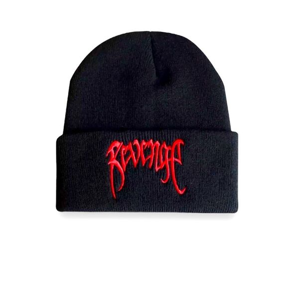 NEW Red Revenge Embroidery Flip Up Black Rib Knit Beanies - Picture 1 of 3